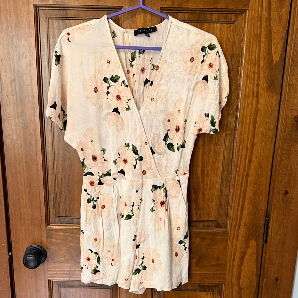 Dynamite Cream Floral Wrap Romper with Green Leaf Accents
